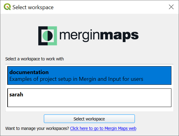 Selecionar espaço de trabalho no plugin « Mergin Maps  »QGIS 