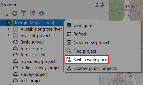 Mudar de espaço de trabalho no plugin « Mergin Maps  »QGIS 