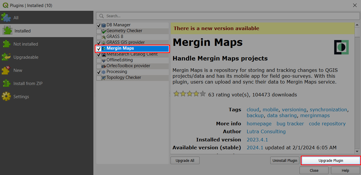 Atualizar o plugin « Mergin Maps  »QGIS 