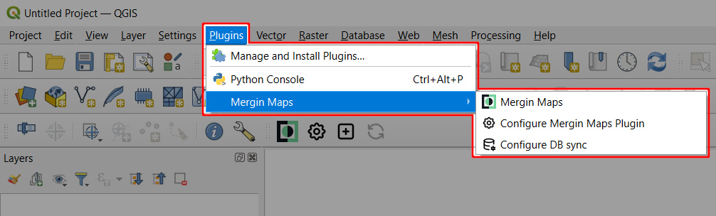 Mergin Maps na barra de menus «Plugins» d QGIS 