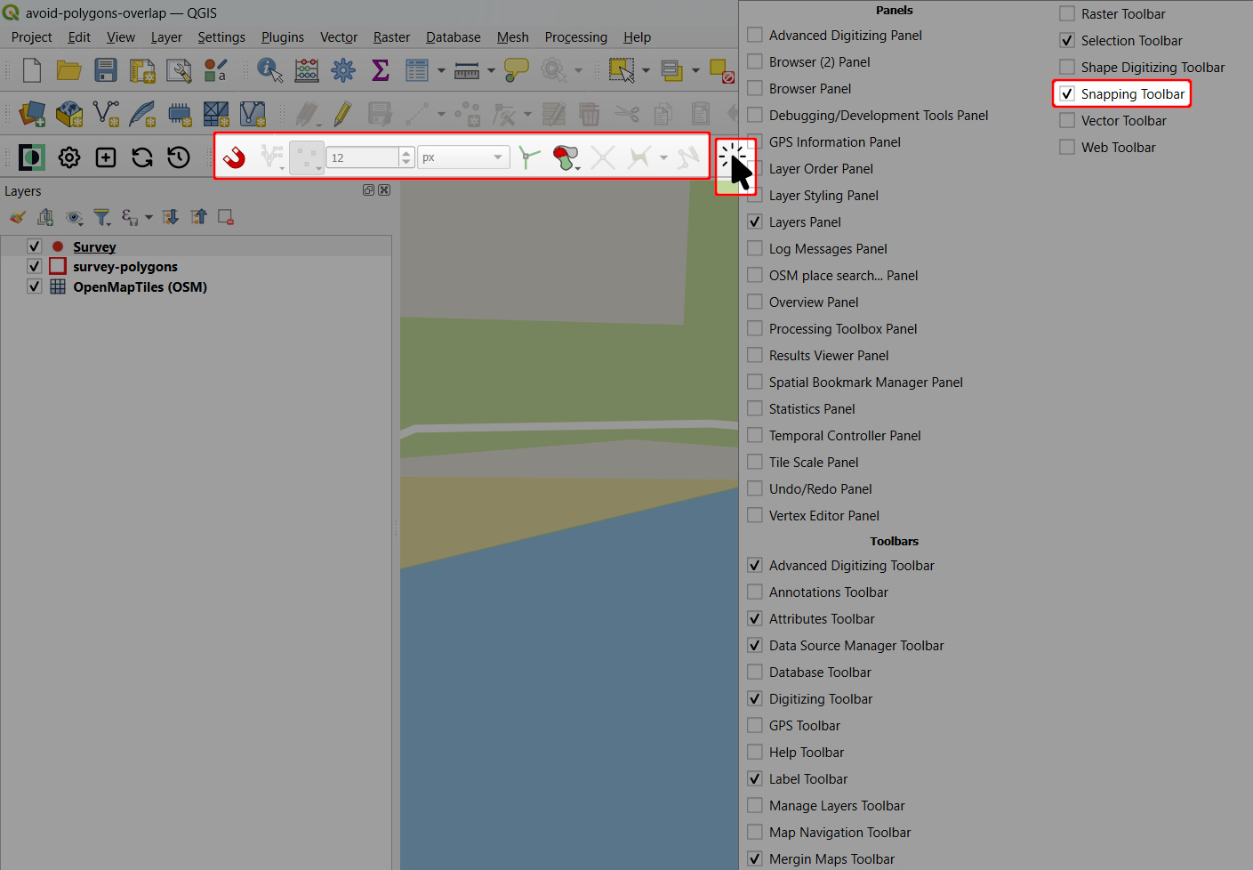 Ativei a barra de ferramentas «Snapping» em QGIS