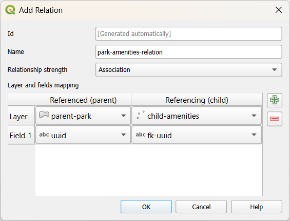Configuração da relação «um para muitos» em QGIS