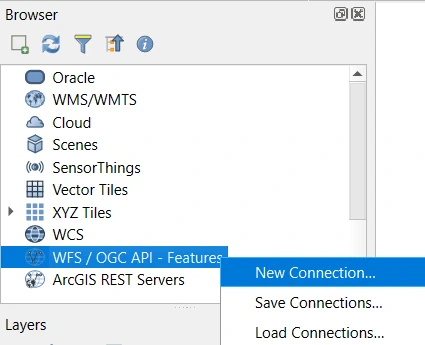 QGIS Painel do navegador: Nova ligação WFS