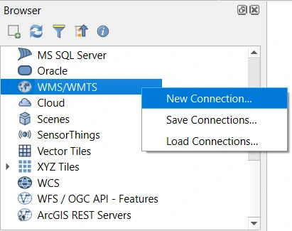 QGIS Painel do navegador: Nova ligação WMS/WMTS