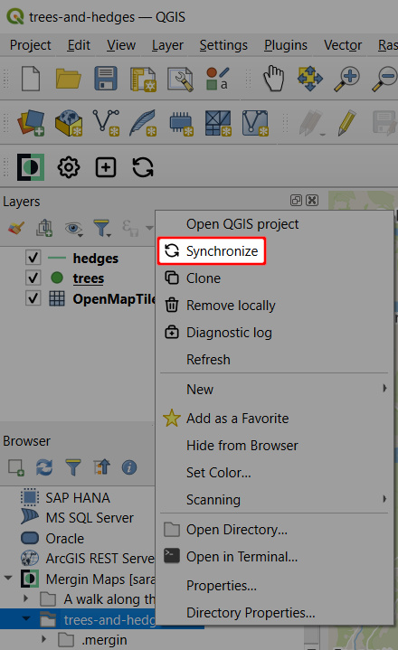 QGIS Opção de sincronização do navegador no projeto « Mergin Maps »