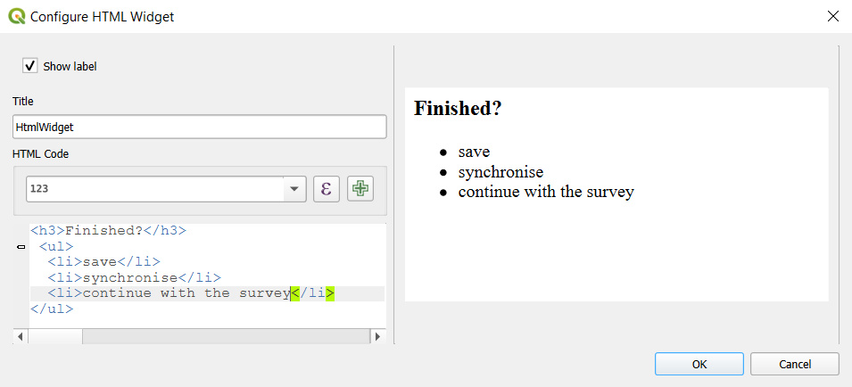 QGIS Configuração do widget HTML