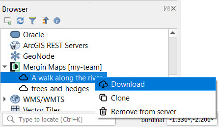 Opção «Descarregar projeto» ( Mergin Maps ) no navegador « QGIS »
