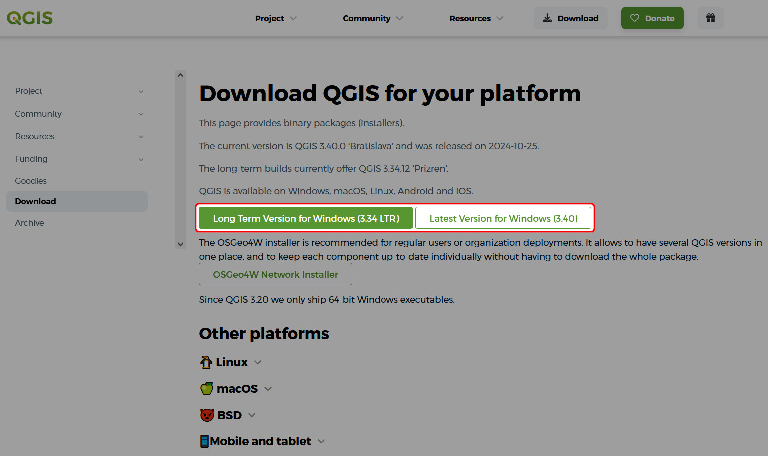 QGIS descarregar o programa de instalação autónomo