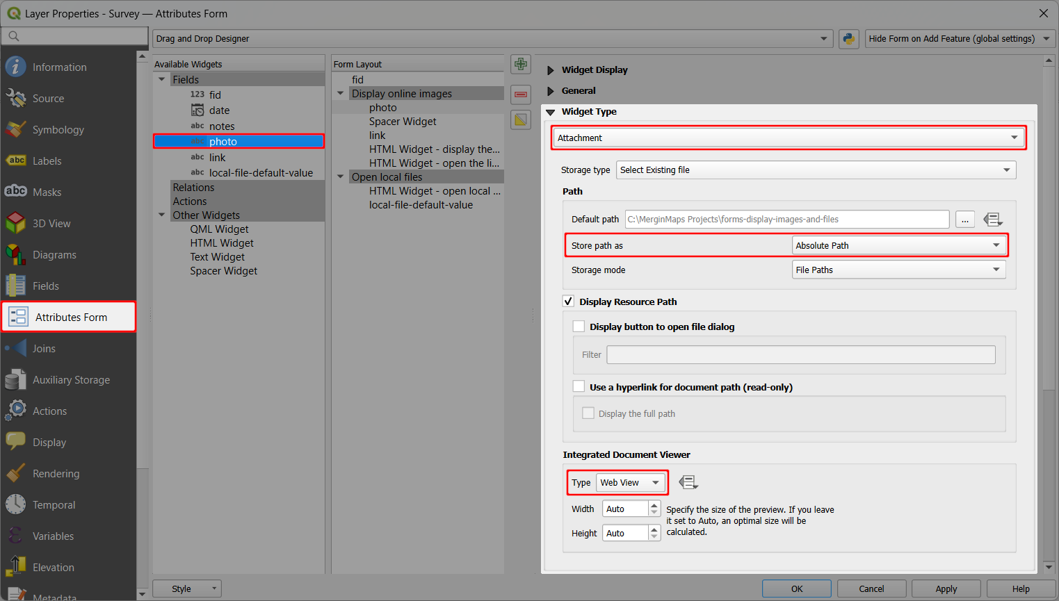 QGIS Configuração do widget de anexos para pré-visualização de imagens online
