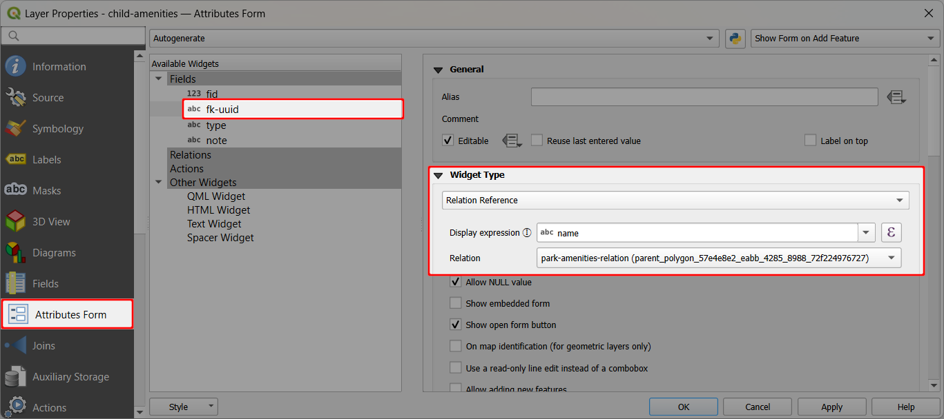 QGIS configuração de referência de relação de formulário de atributos