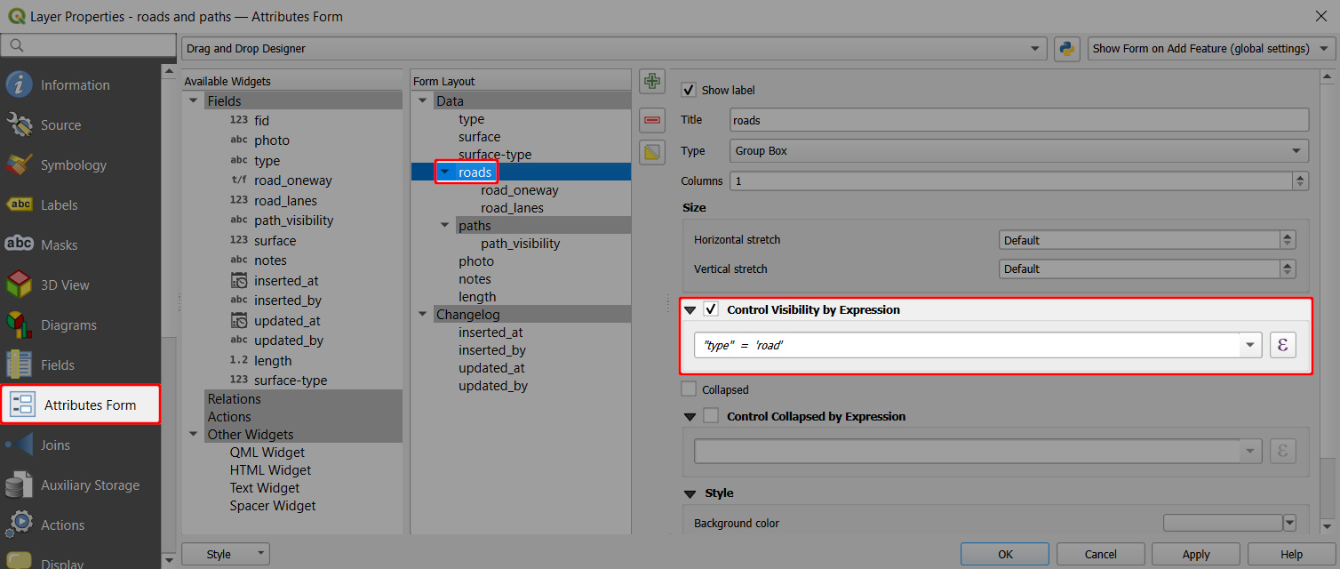QGIS visibilidade dos controlos do formulário por expressão
