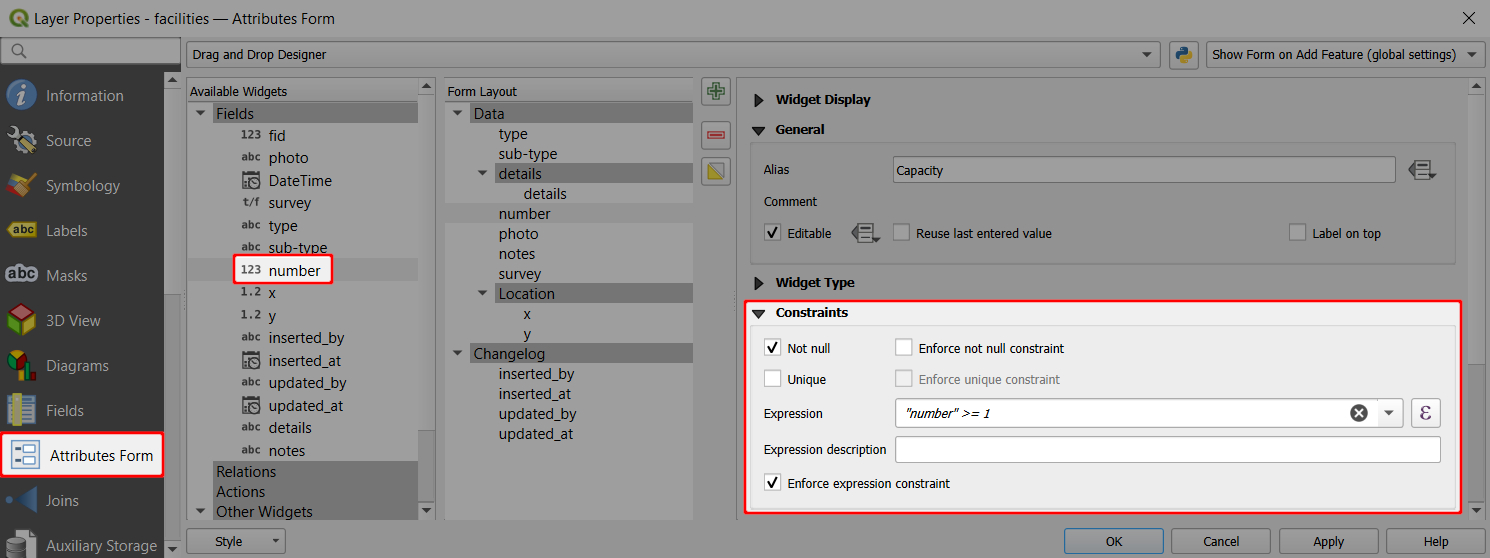 QGIS restrições na forma de atributos