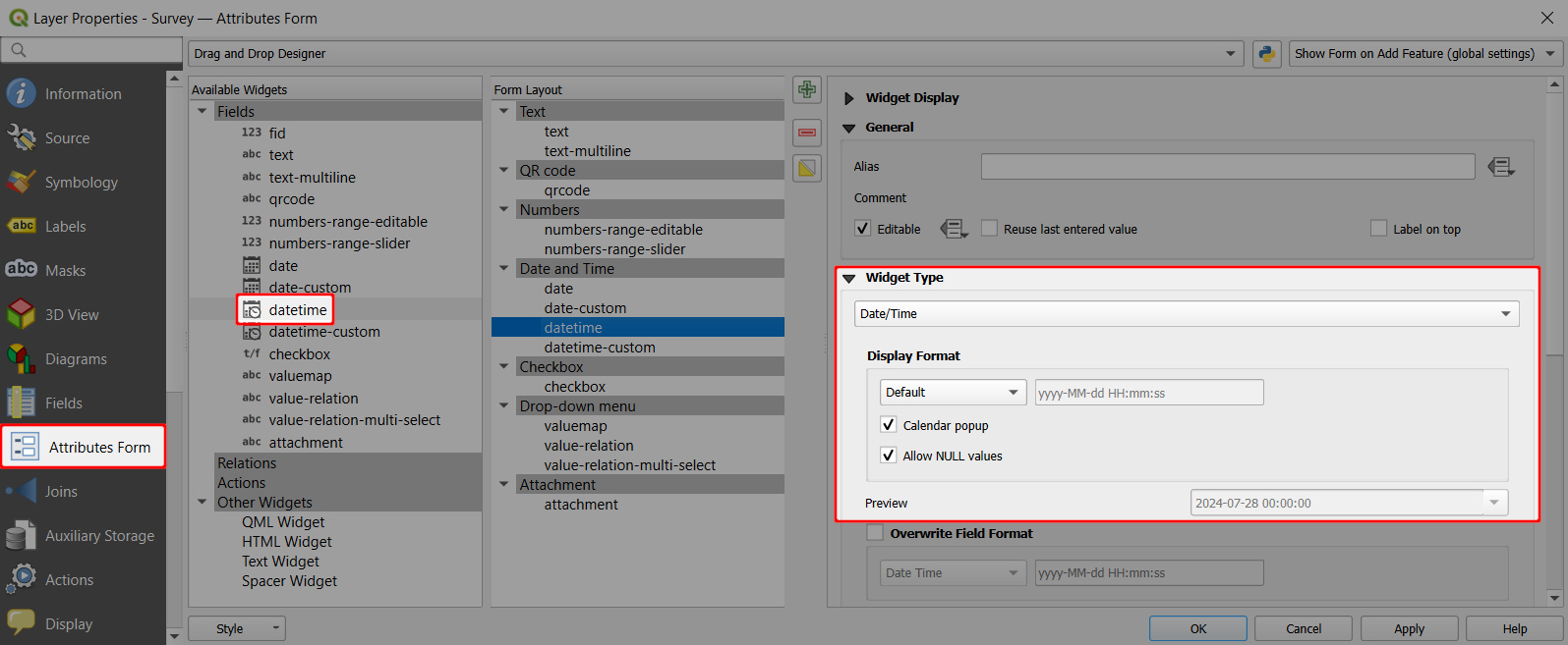 QGIS formulário com campos de data e hora