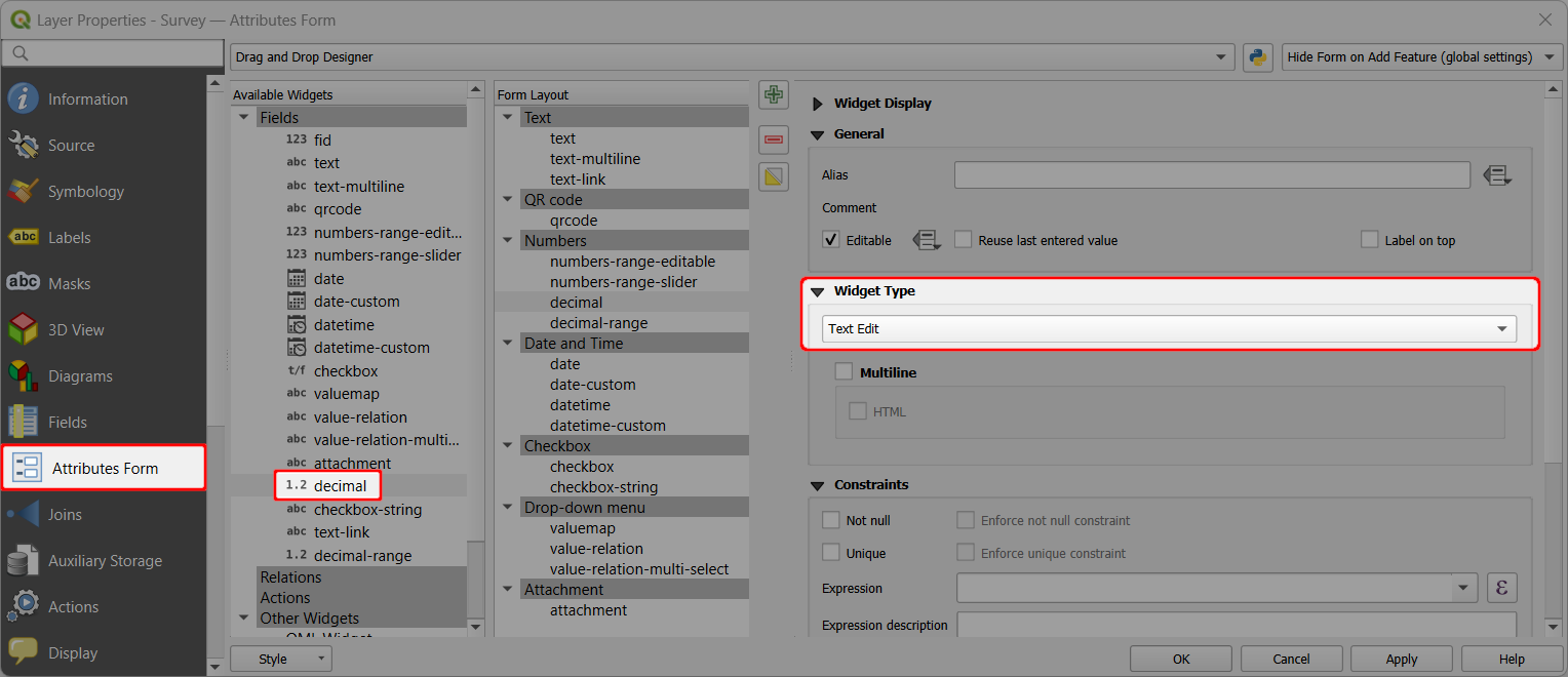 QGIS formulário de edição de texto para números decimais