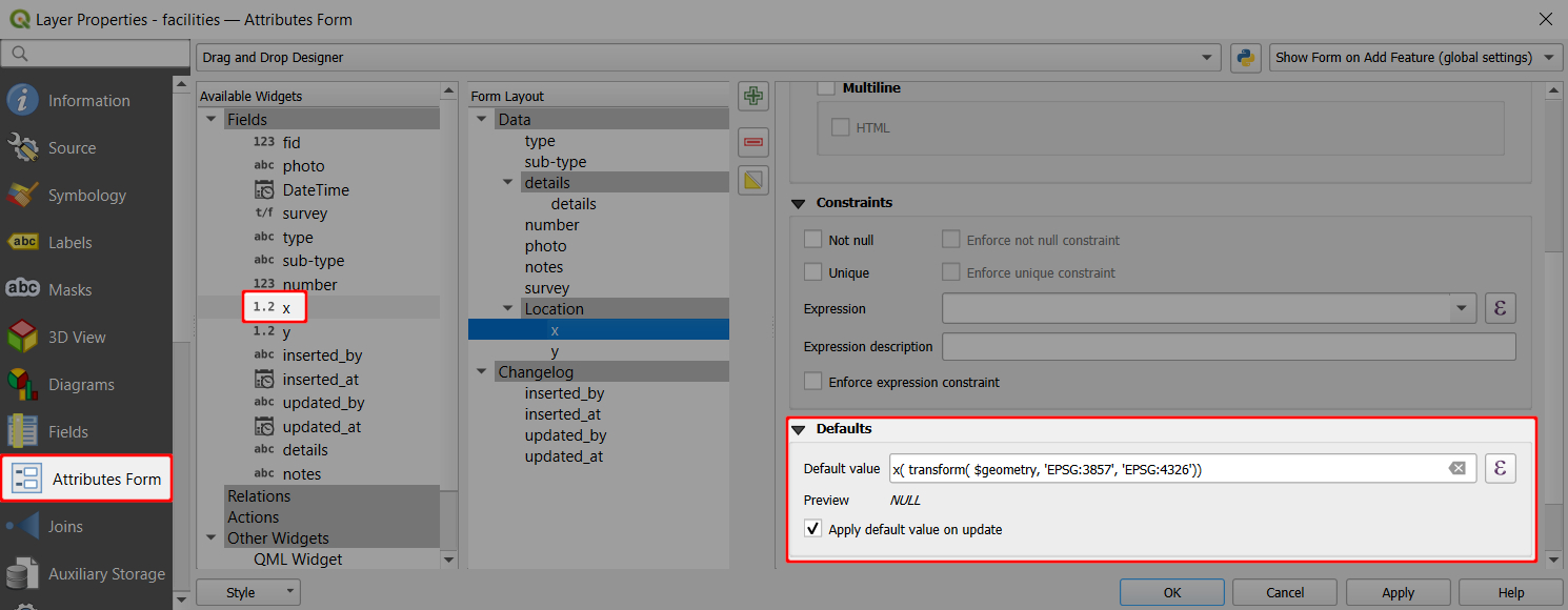 QGIS transforma os atributos e regista as coordenadas por predefinição