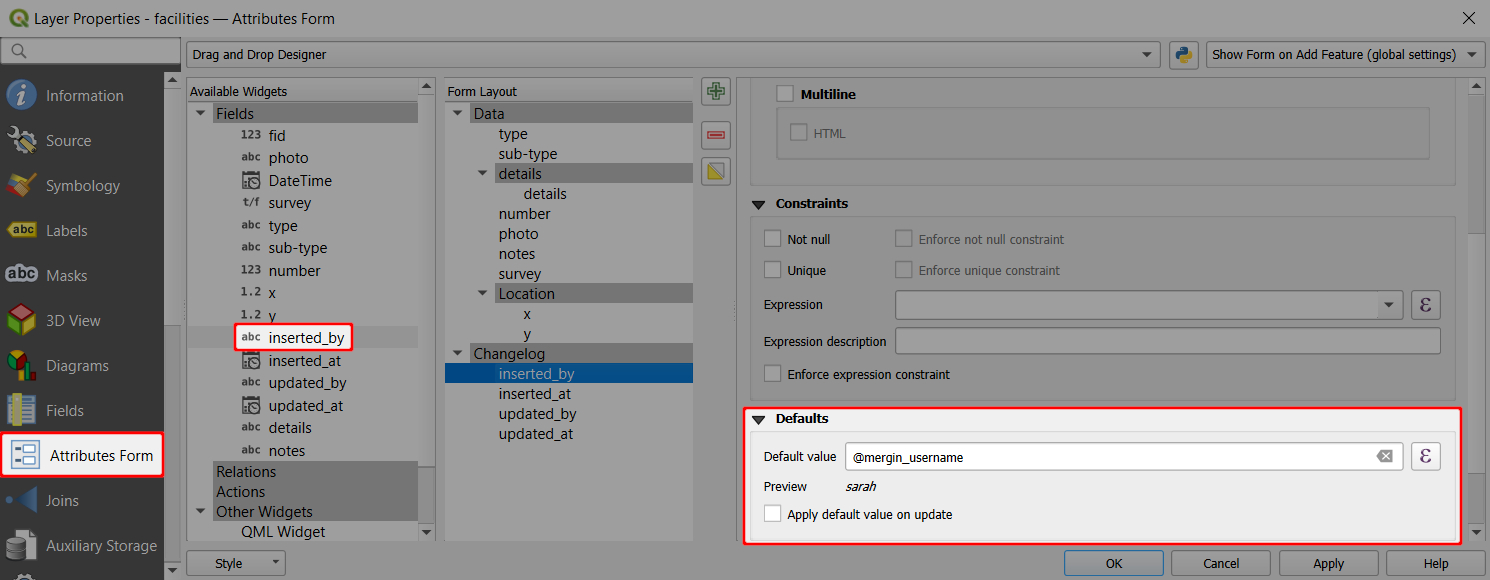 QGIS atributos do formulário Mergin Maps valor predefinido do nome de utilizador