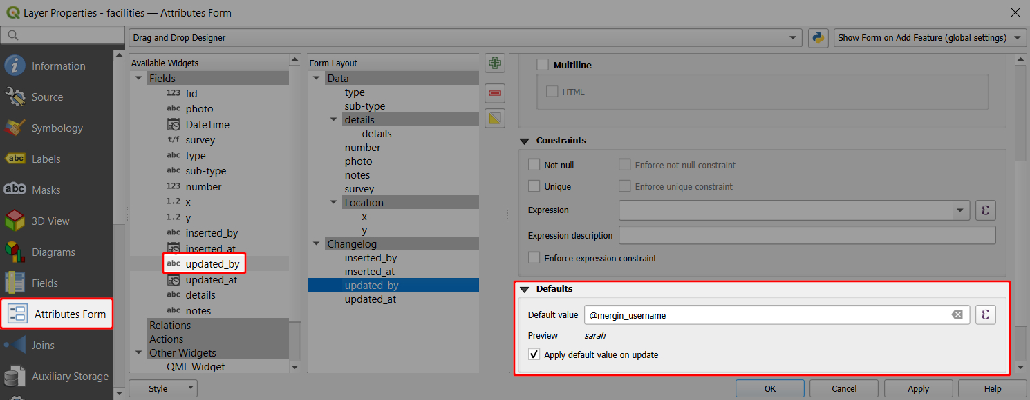 QGIS atributos do formulário Mergin Maps valor predefinido do nome de utilizador