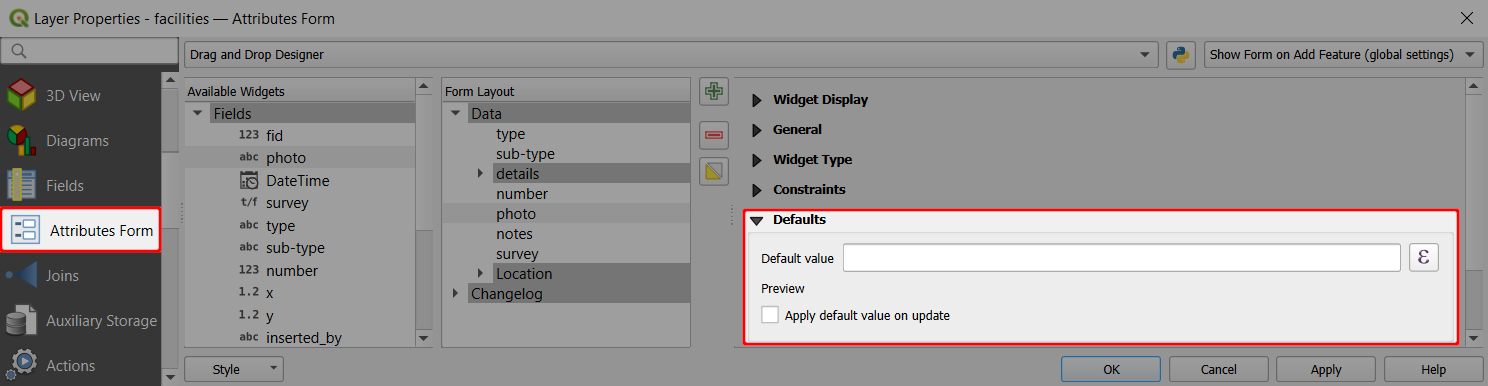 Valores por predefinição no formulário de atributos do ` QGIS `