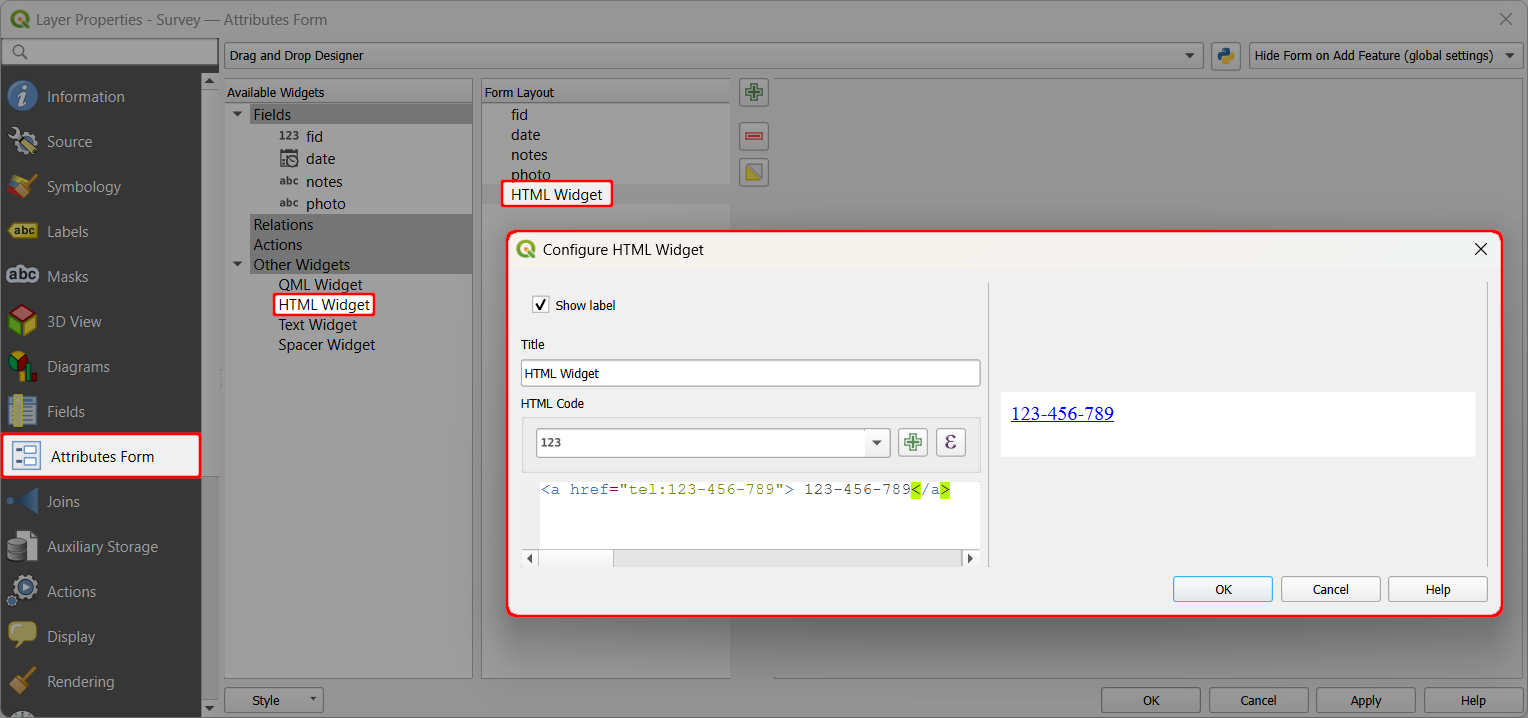 QGIS Widget HTML de formulário de atributos com link para chamada telefónica