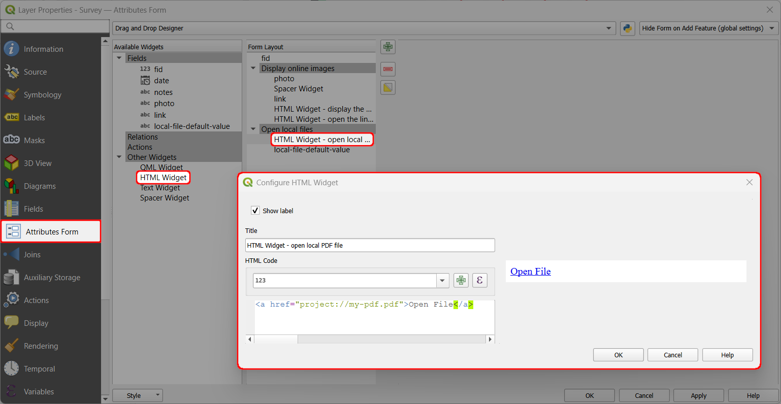 QGIS atributos do formulário de abertura de um ficheiro local através do widget HTML