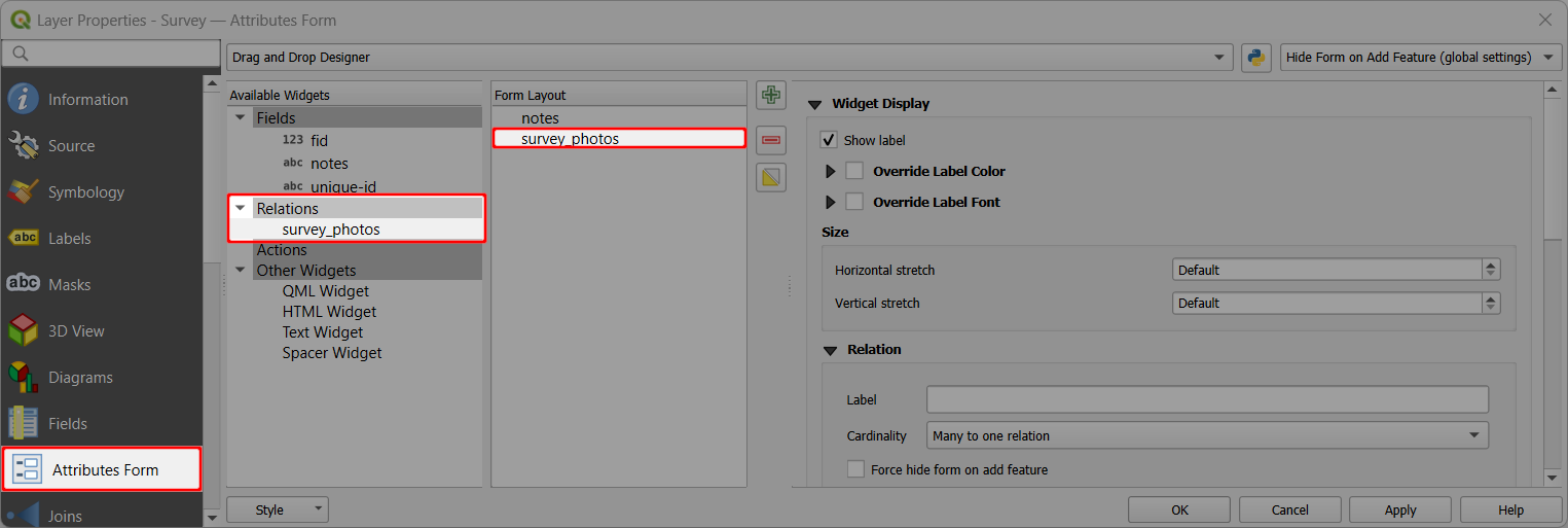 Widget de relação de fotos no formulário de atributos do QGIS Widget de relação de fotos no formulário de atributos do QGIS