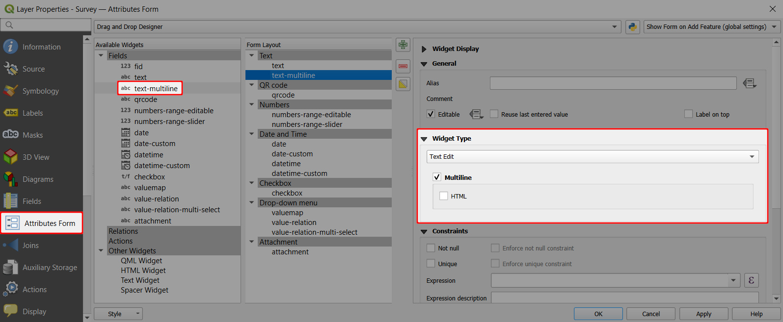 QGIS Configuração do campo de texto com várias linhas