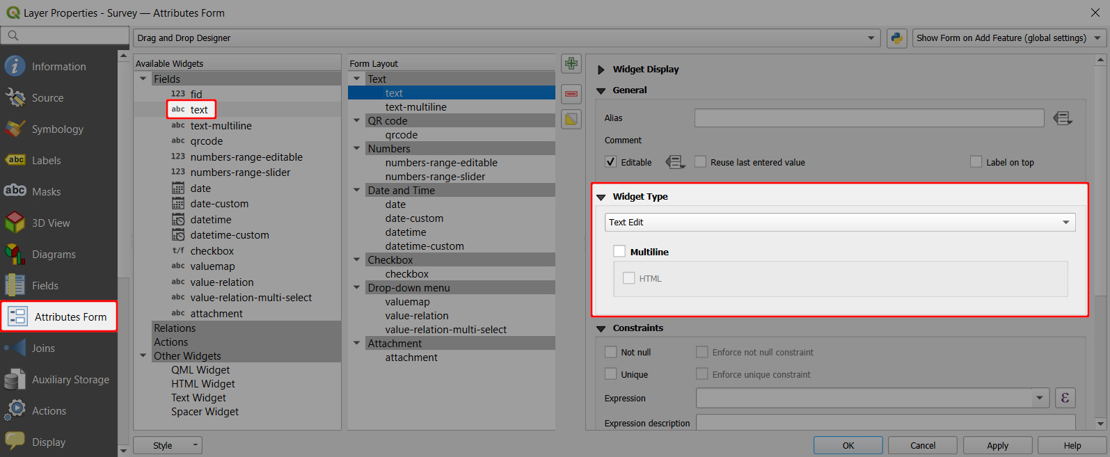 QGIS Tipo de widget de edição de texto