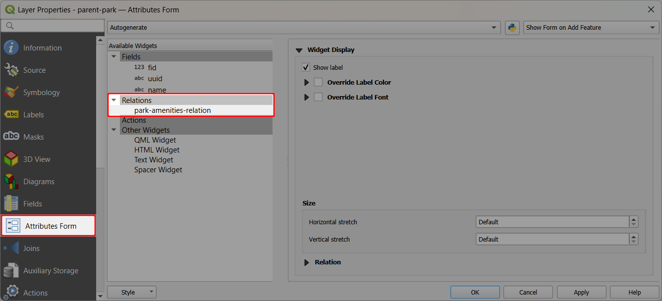 Configuração da relação «um para muitos» em QGIS