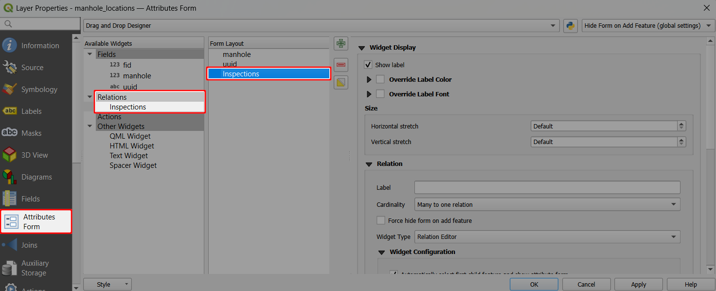 Relação adicionada ao layout do formulário «Arrastar e Soltar» em QGIS