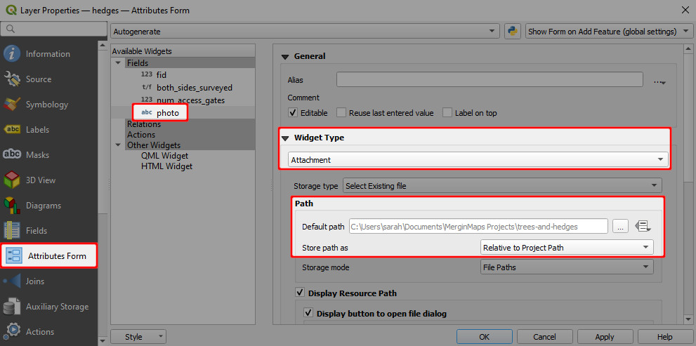 QGIS Atributos do widget «Foto em anexo»