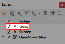 Camada «Árvores» no painel « QGIS »