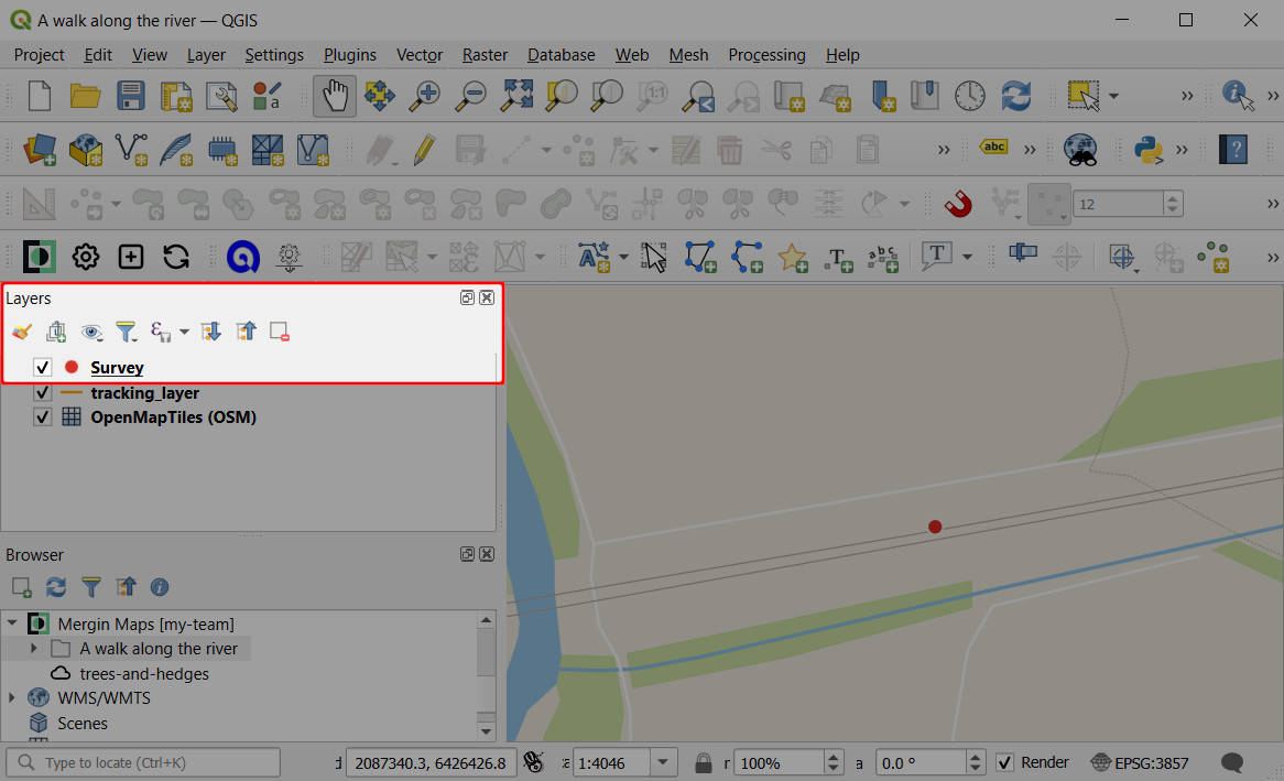 Camada de levantamento no painel «Camadas» em QGIS