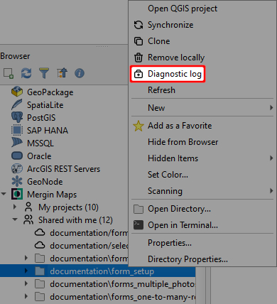 Registo de diagnóstico no plugin « Mergin Maps  »QGIS 