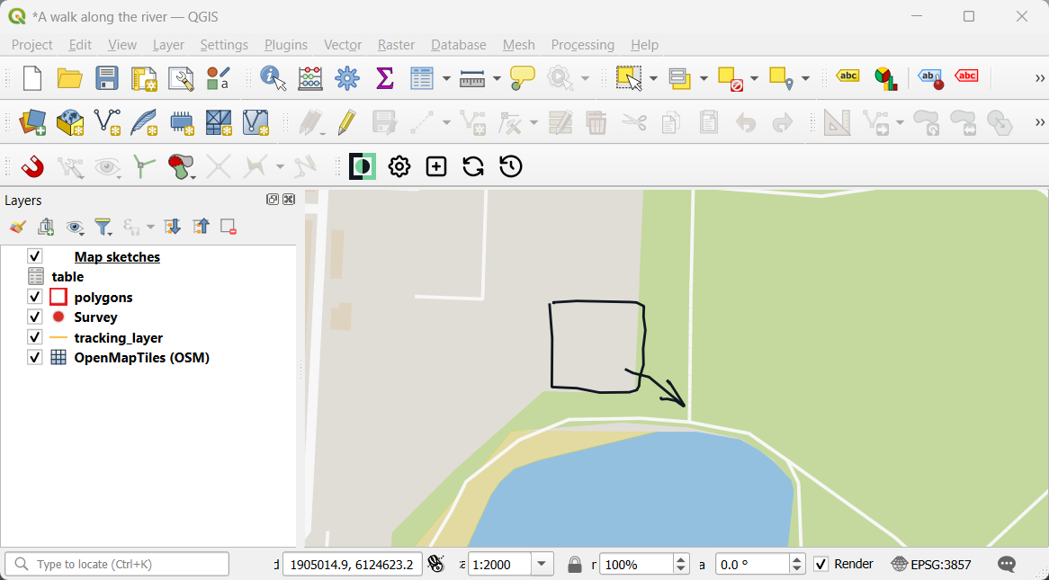Esboços de mapas num projeto do Mergin Maps em QGIS