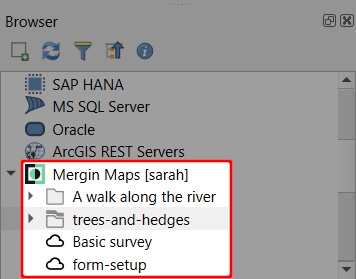 Mergin Maps projetos no Navegador d QGIS 