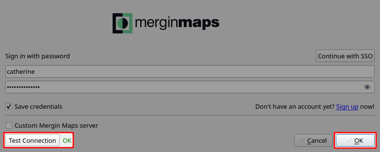 Mergin Maps Inserir as credenciais d QGIS 