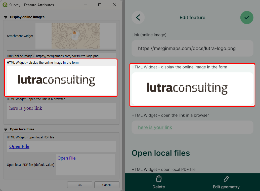 Widget HTML em QGIS e na aplicação móvel Mergin Maps 