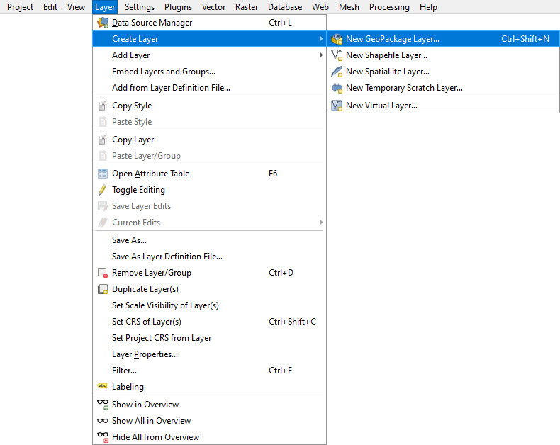 QGIS Criar uma nova camada GeoPackage