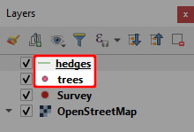 Painel «Camadas» no QGIS com as camadas criadas