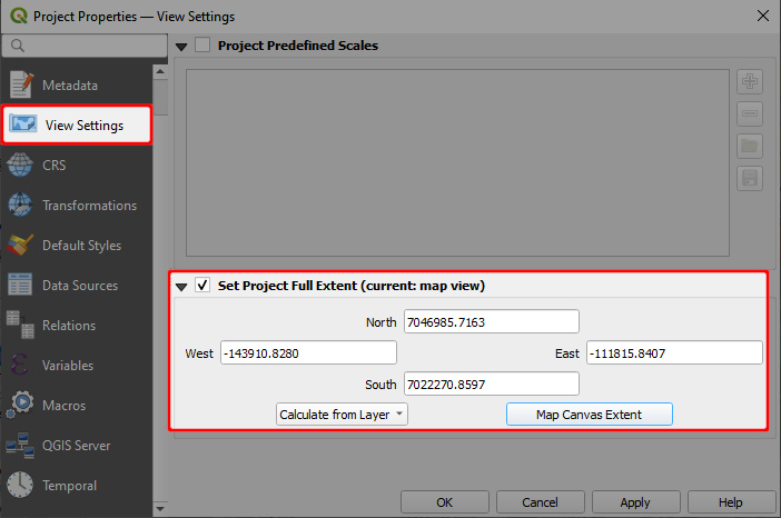 QGIS definir a extensão do projeto