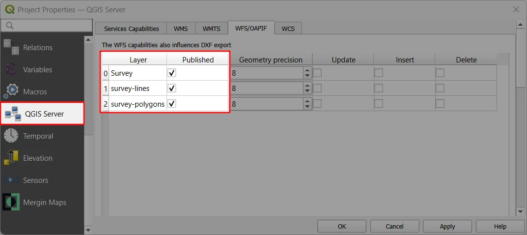 QGIS separador «Servidor» nas Propriedades do Projeto