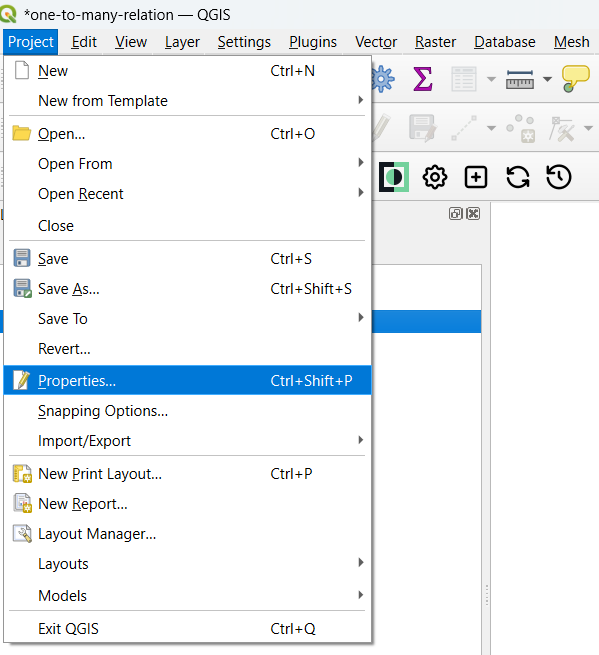 QGIS menu Propriedades do projeto