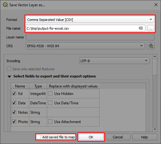 QGIS Exportar «Guardar camada como CSV»