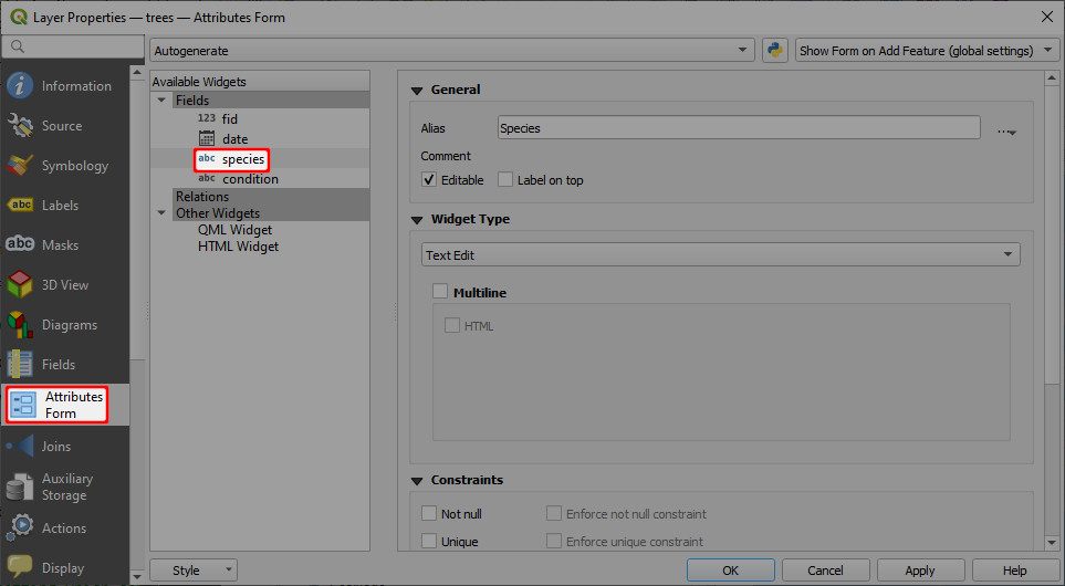 QGIS Formulário de atributos