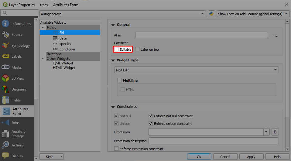 QGIS Opção editável não verificada do formulário de atributos