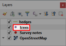 Camada «Árvores» no painel « QGIS »