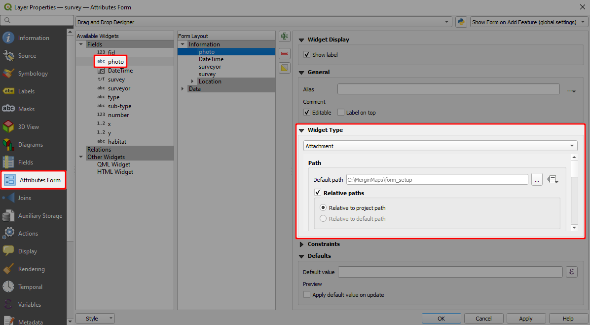 QGIS formulário do widget de anexação de fotografias QGIS formulário do widget de anexação de fotografias
