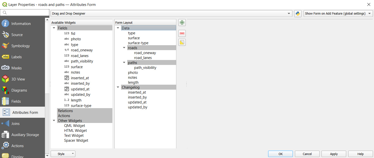 QGIS formulário com separadores e grupos