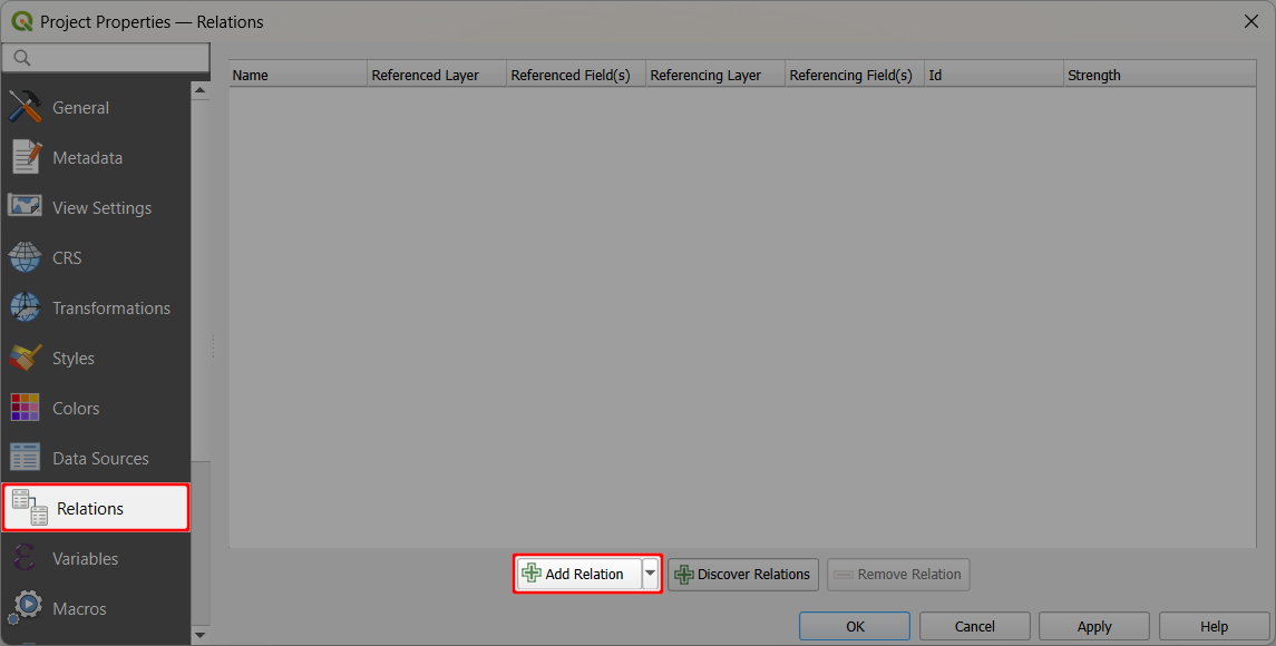 QGIS propriedades do projeto, separador «Relações», botão «Adicionar relação»