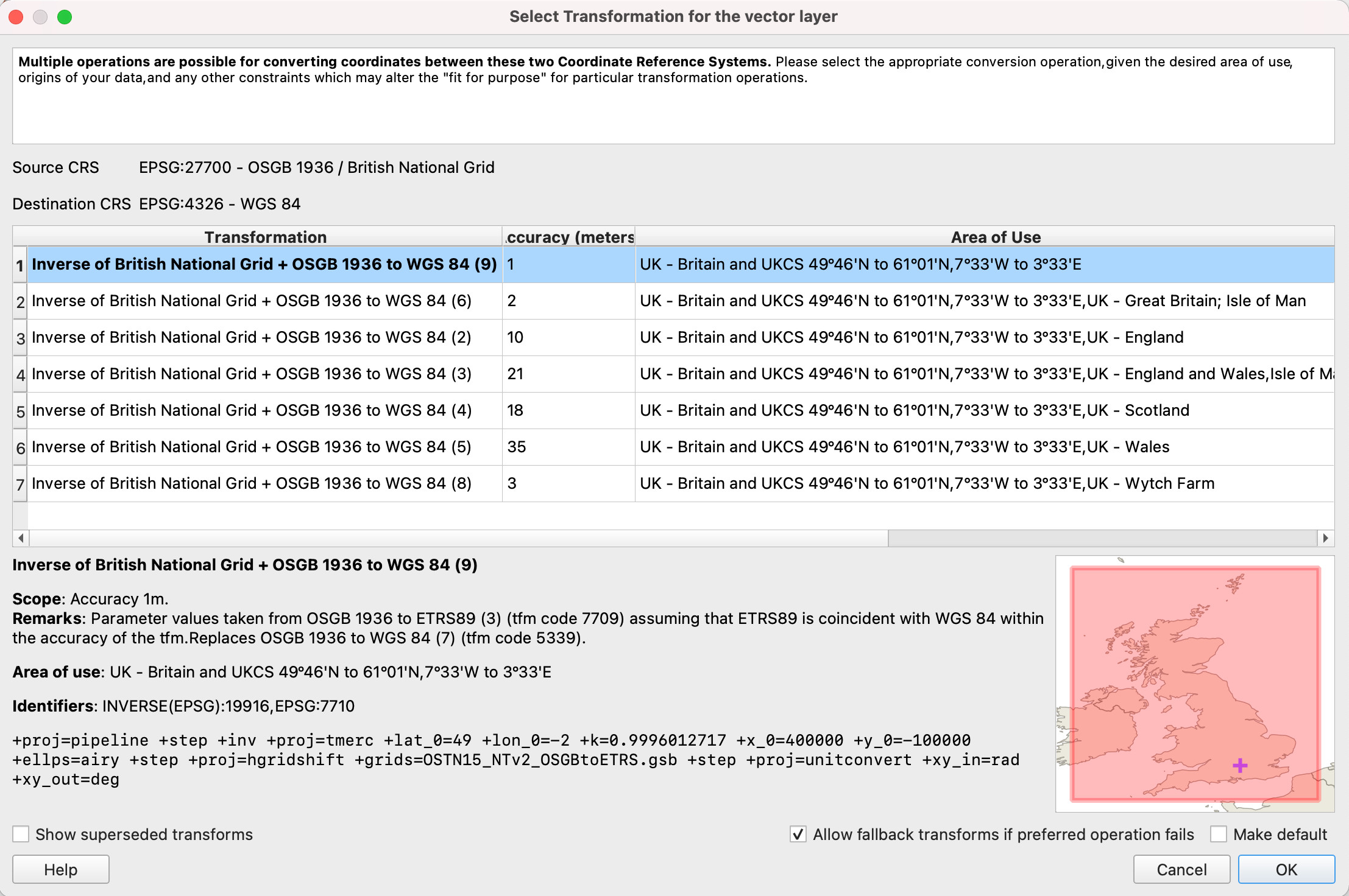 QGIS selecionar transformação